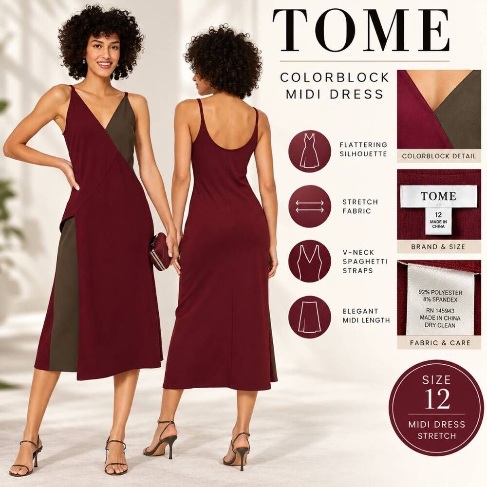 TOME Women’s Size 12 Burgundy Olive Colorblock Asymmetrical Midi Dress Stretch